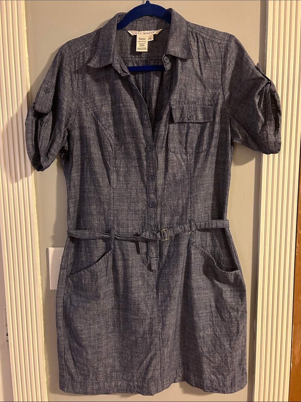 Max Studio Blue Chambray Shirt Dress with Self Tie Belt